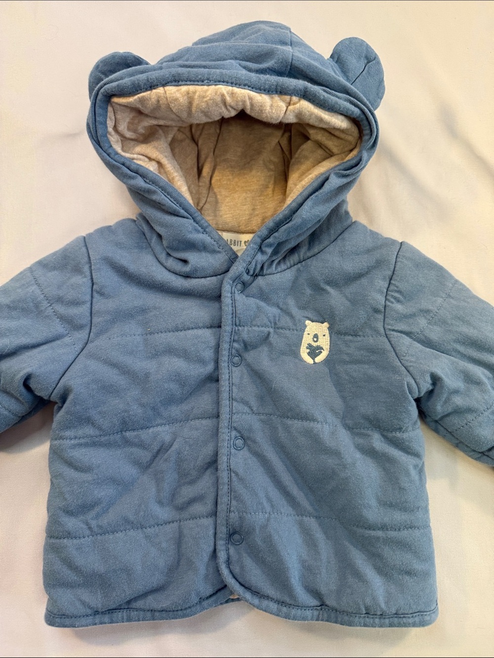 Rabbit + Bear - organic Blue Hooded Quilted Baby Puffer Jacket with Bear Patch
